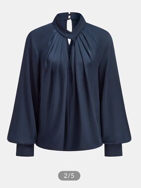 Commense Navy Satin Keyhole Blouse with Bishop Sleeves